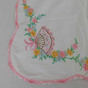 Hand Embroidered Table Runner Dresser Scarf Fans Flowers Crochet Vintage